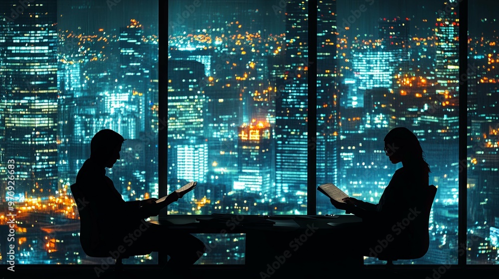 Two Silhouettes Reading in a High-Rise Office at Night Two Silhouettes Reading in a High-Rise Office at Night