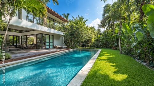 Wallpaper Mural Beautiful backyard of elegant and modern house, swimming pool, short grass, trees and tropical plants, blue sky in the background Torontodigital.ca