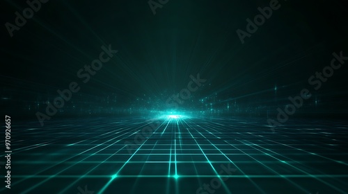 A futuristic digital landscape featuring glowing grid lines and a vibrant light source, ideal for technology and innovation themes.