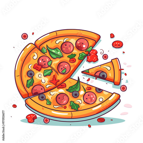 Freshly baked pizza. Image of delicious pizza. Vector illustration.