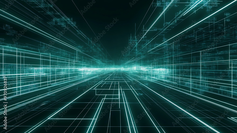 A futuristic digital landscape featuring glowing lines and grids, creating a sense of speed and technology in a dark environment. A futuristic digital landscape featuring glowing lines and grids, creating a sense of speed and technology in a dark environment.