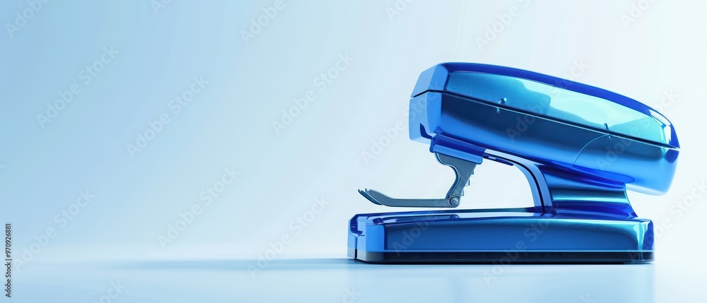 A sleek blue stapler positioned elegantly on a light background, perfect for office or stationery themed visuals. A sleek blue stapler positioned elegantly on a light background, perfect for office or stationery themed visuals.
