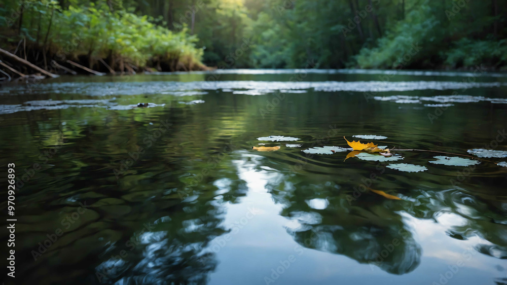 Leaf floating in a calm river in a forest setting Leaf floating in a calm river in a forest setting
