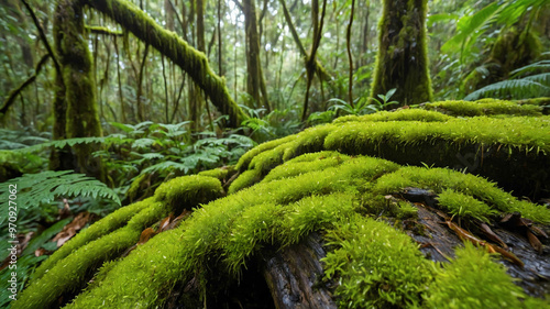 Moss growing on a tree trunk in a humid rainforest