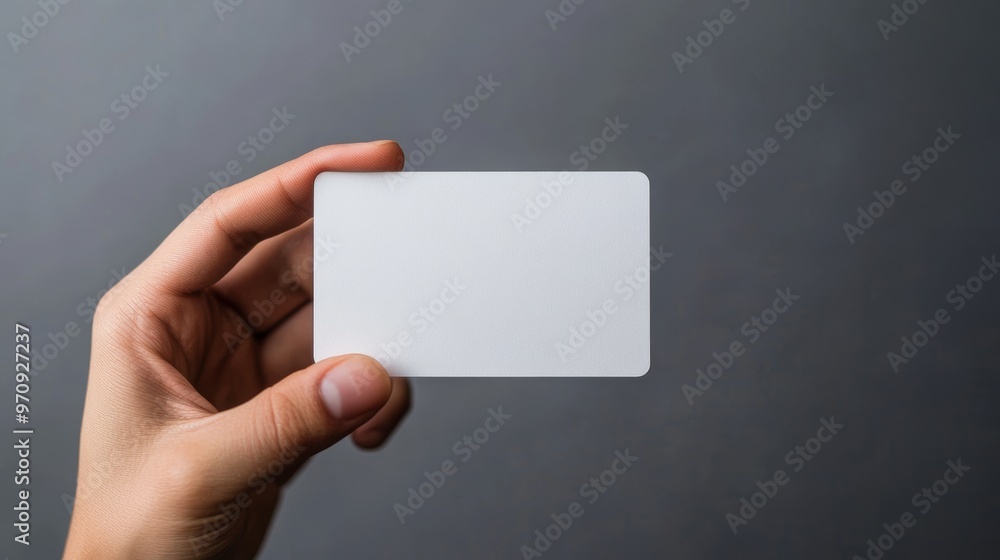 Hand holding Identification white blank id card on gray background Hand holding Identification white blank id card on gray background