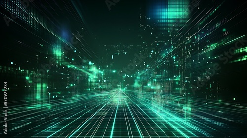 A futuristic digital landscape showcasing glowing green lines and data points, representing advanced technology and innovation.