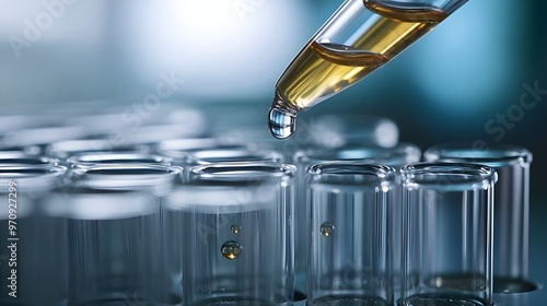 Detail-focused close-up of a pipette releasing liquid into a test tube against a pale blue background