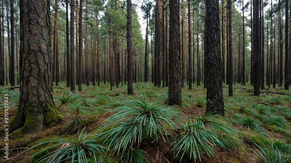 Obraz premium Pine needles covering the ground in a dense forest