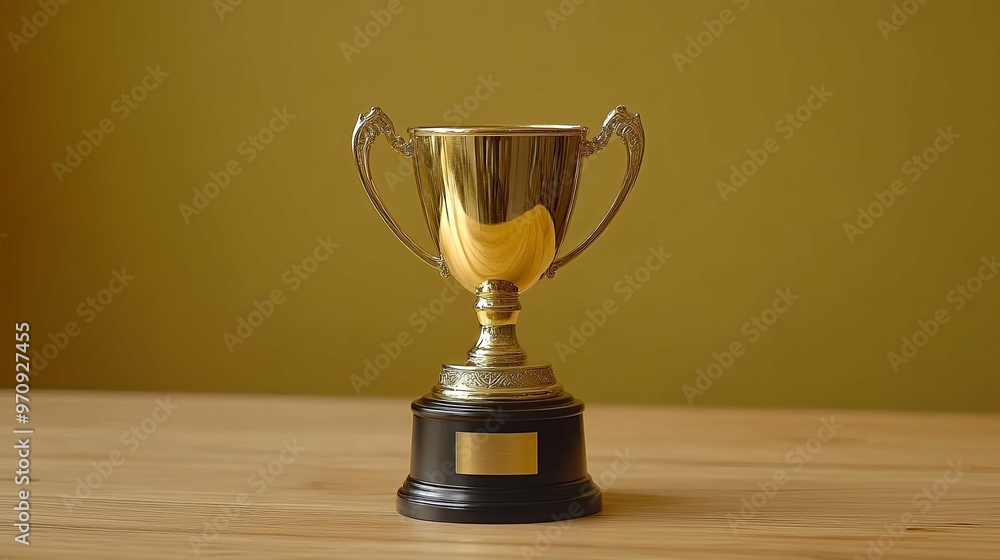 A Golden Trophy with a Blank Plate on a Wooden Surface A Golden Trophy with a Blank Plate on a Wooden Surface