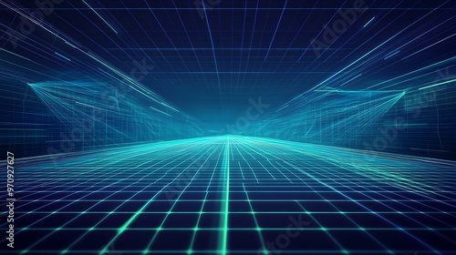 Wallpaper Mural A futuristic digital landscape with glowing grids and lines, creating a sense of depth and movement in a cyber world. Torontodigital.ca