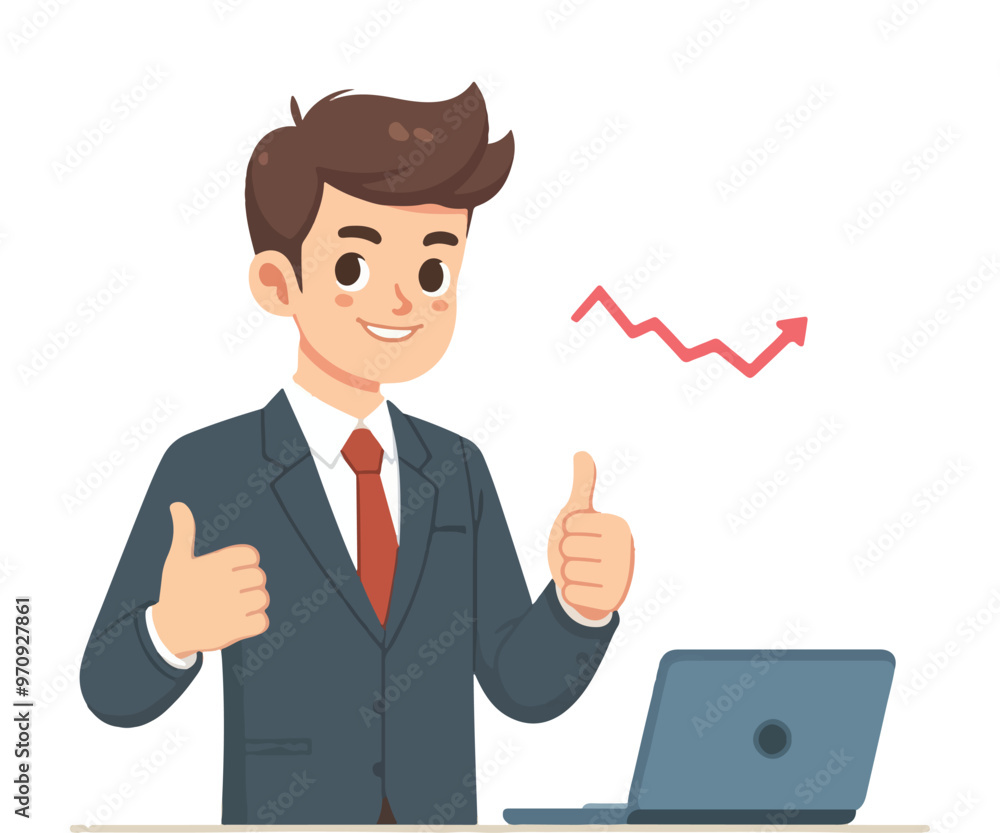businessman with laptop expressing thumb up in flat vector illustration businessman with laptop expressing thumb up in flat vector illustration