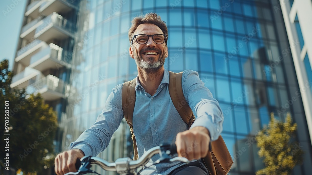 Portrait of a happy businessman riding a bicycle in front of the modern office building company. wearing casual and a leather bag is going to work by bike. Portrait of a happy businessman riding a bicycle in front of the modern office building company. wearing casual and a leather bag is going to work by bike.