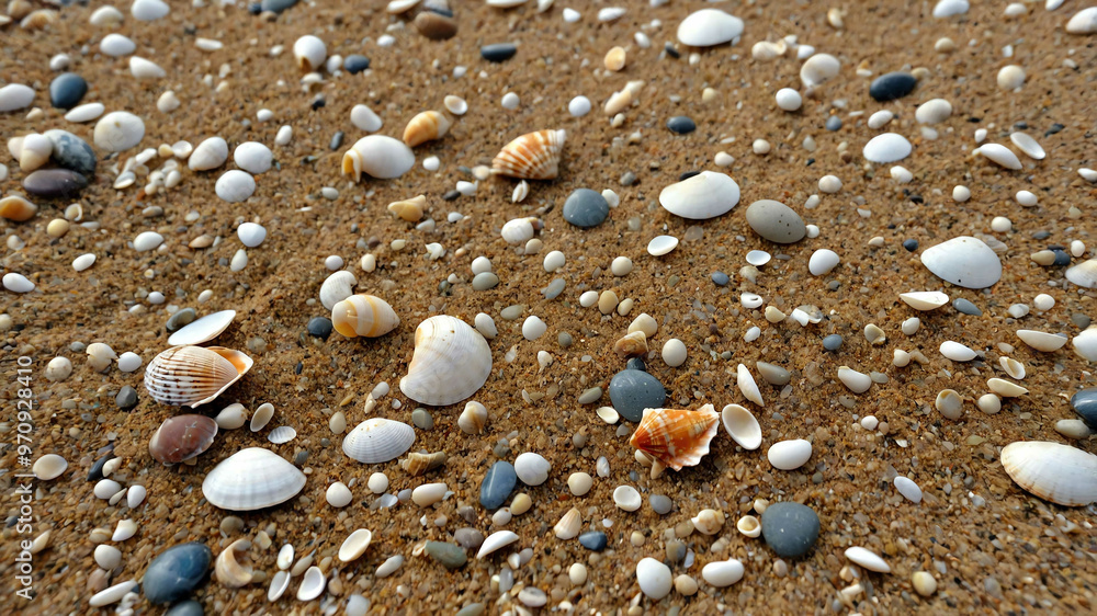Shells and pebbles scattered across a sandy beach Shells and pebbles scattered across a sandy beach