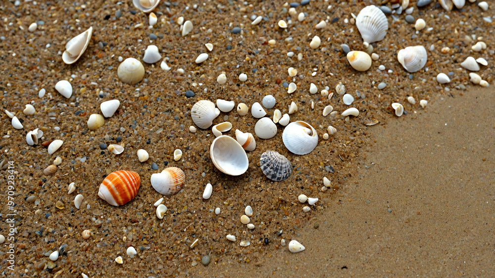 Shells and pebbles scattered across a sandy beach Shells and pebbles scattered across a sandy beach