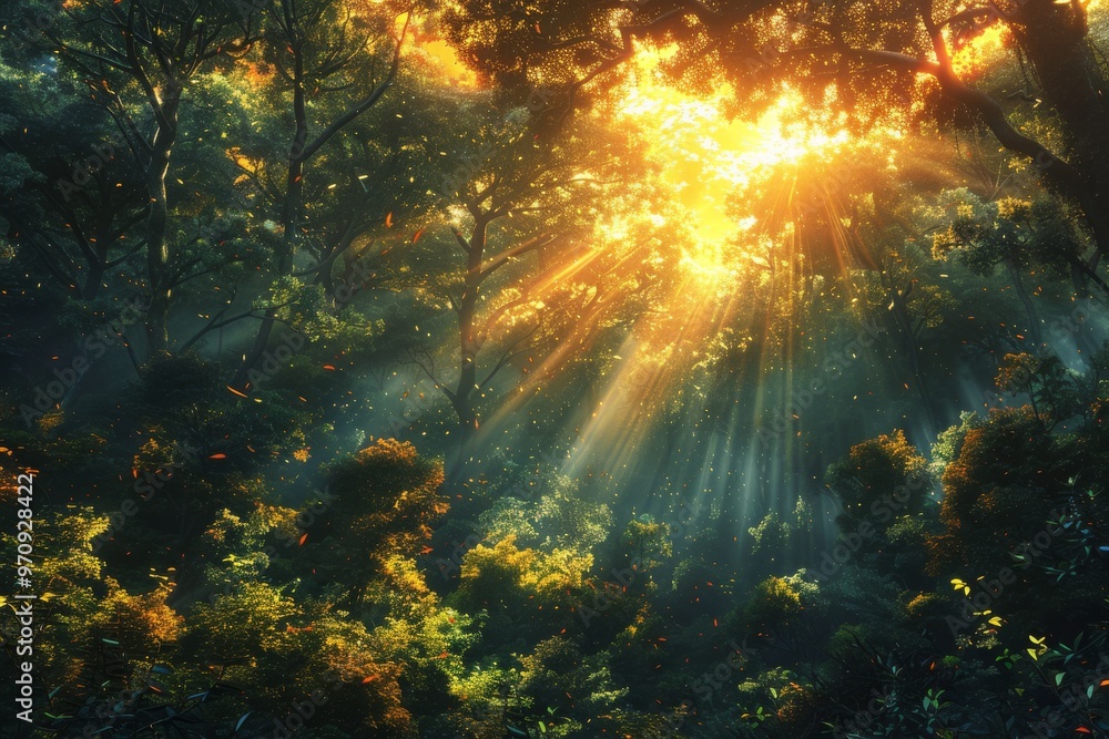 Golden sunlight streams through a dense forest canopy, highlighting vibrant foliage and filling the air with birdsong and rustling leaves. Golden sunlight streams through a dense forest canopy, highlighting vibrant foliage and filling the air with birdsong and rustling leaves.