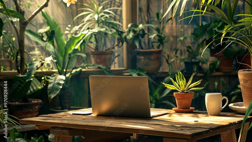 A serene workspace surrounded by vibrant plants in a sunlit garden setting A serene workspace surrounded by vibrant plants in a sunlit garden setting