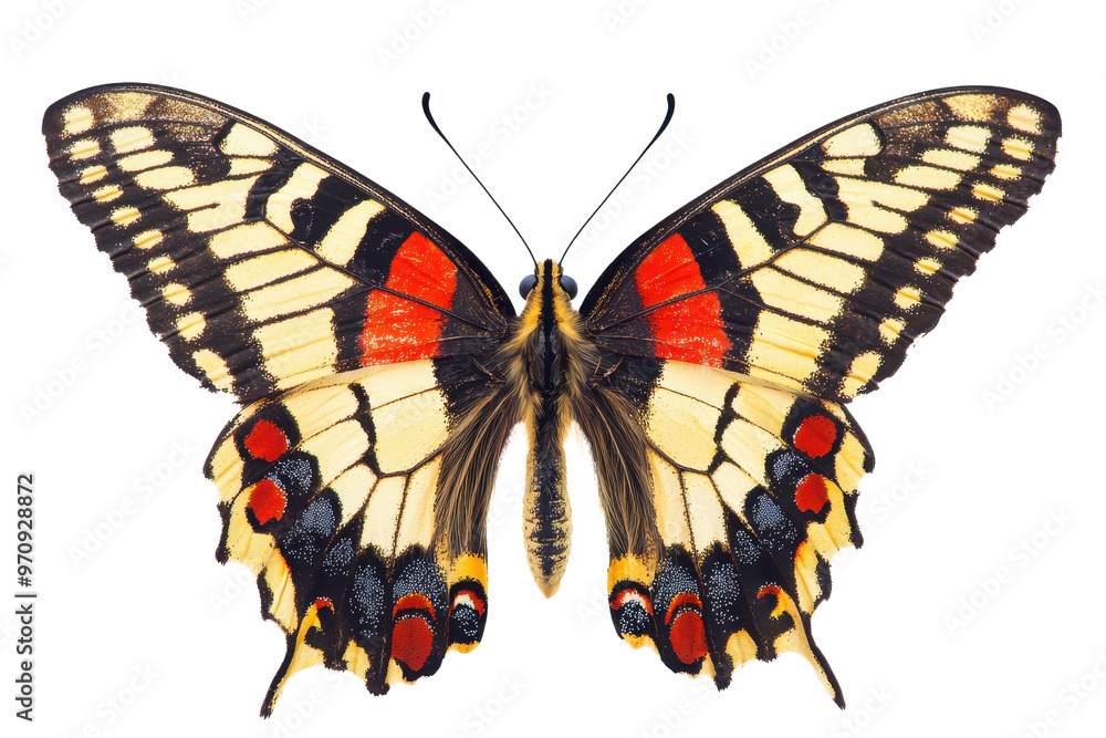 Fototapeta premium Detailed close-up of a colorful butterfly with vibrant patterns and wing textures, isolated on a transparent background.