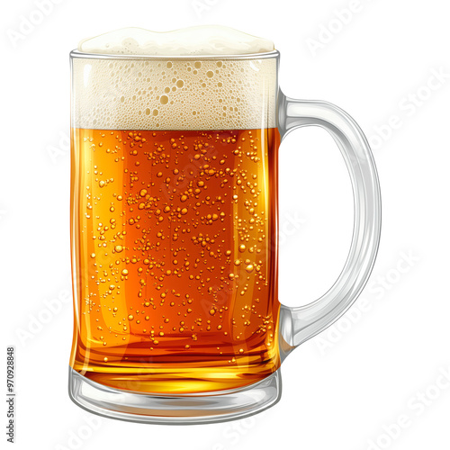 Refreshing golden beer in a clear glass mug with frothy head, png image, beer graphic resource photo