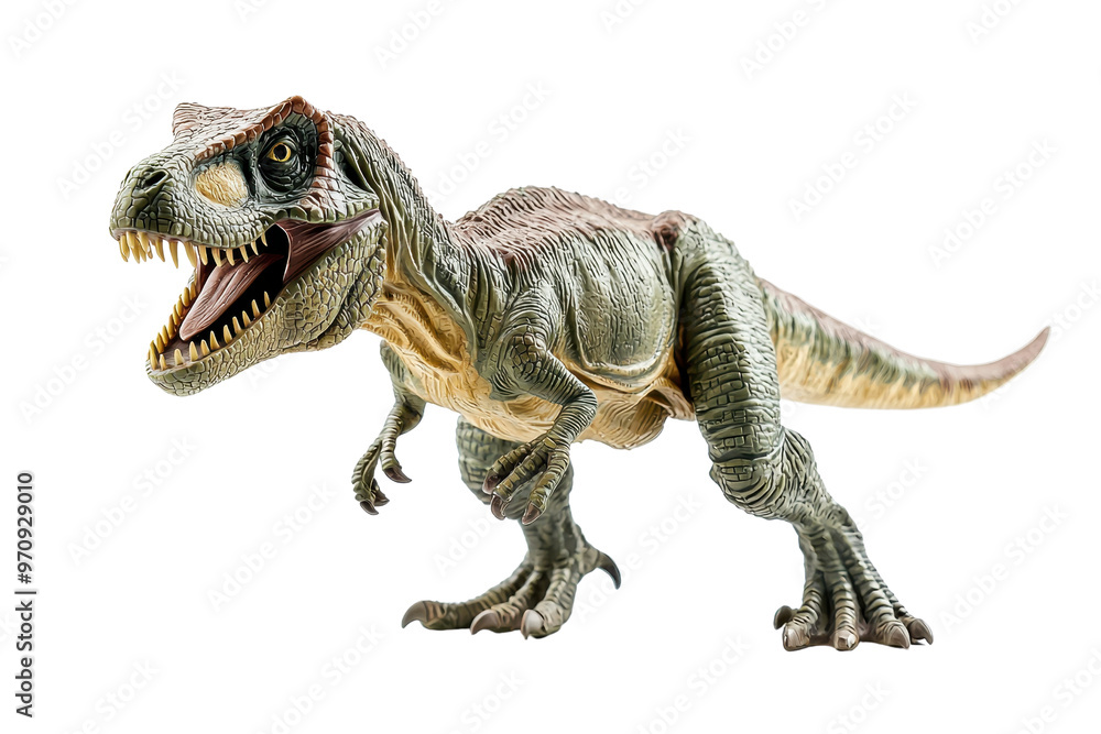 Fototapeta premium Detailed plastic dinosaur toy, representing a fierce ancient creature with sharp teeth and realistic texture, isolated on transparent background.