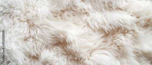 A close-up of luxurious, cream-colored sheepskin raw wool. The texture is visibly fluffy and curly, with long, soft fibers creating a plush and warm surface. Generative AI