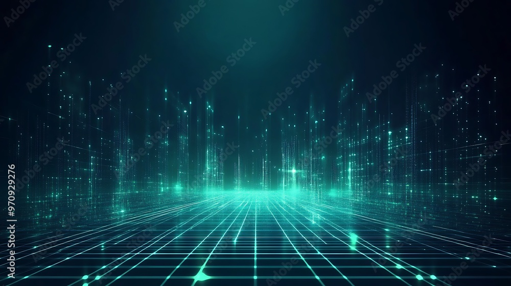 A glowing digital landscape with futuristic grid and luminous data points, creating a mesmerizing cybernetic atmosphere. A glowing digital landscape with futuristic grid and luminous data points, creating a mesmerizing cybernetic atmosphere.