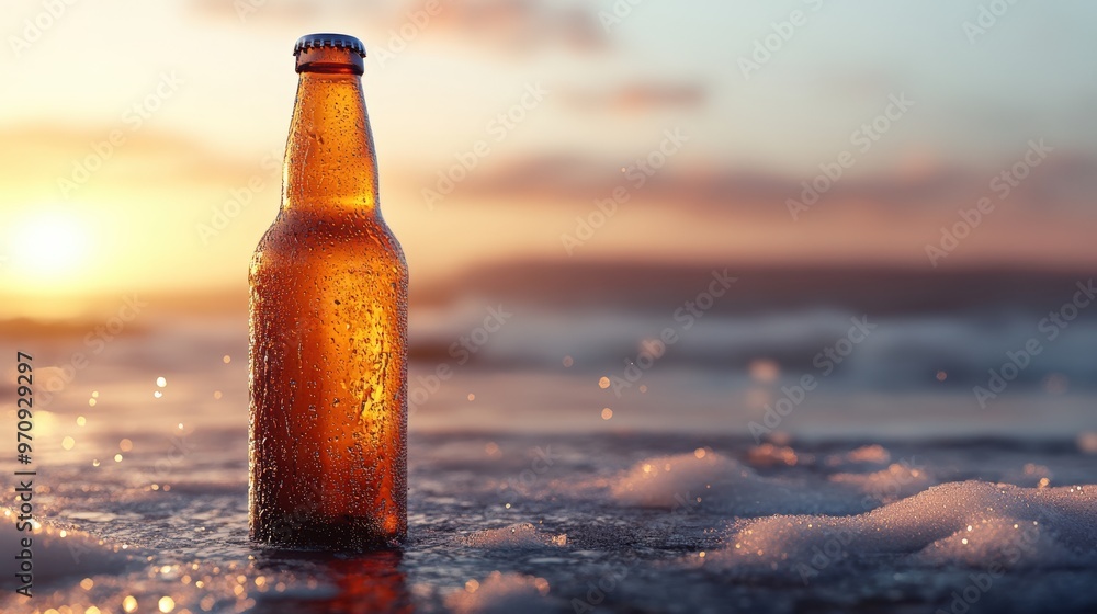 Cold Beer Bottle on a Beach at Sunset with Foamy Waves Cold Beer Bottle on a Beach at Sunset with Foamy Waves