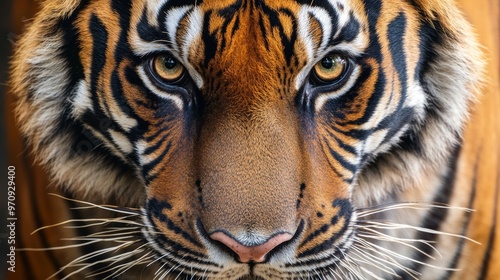 The closeup image of Malayan tiger (Panthera tigris jacksoni). It is a tiger population in Peninsular Malaysia. This population inhabits the southern and central parts of the Malay Peninsula photo