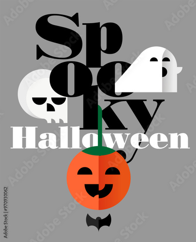 Spooky Halloween tipography concept design og poster, sticker. Circle sylized characters of scull, ghost, halloween pumpkin and bat photo