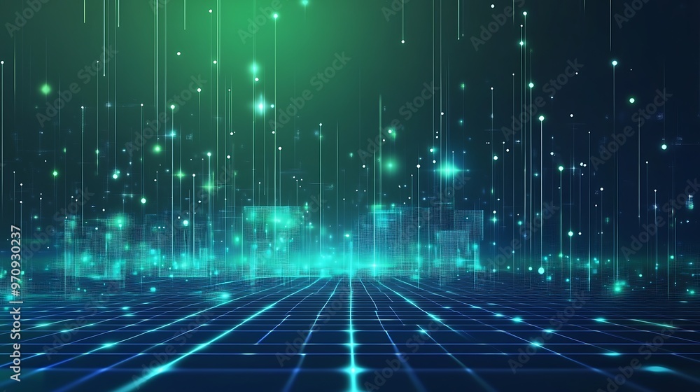 A mesmerizing digital landscape filled with vibrant green lights and floating particles, creating a futuristic atmosphere. A mesmerizing digital landscape filled with vibrant green lights and floating particles, creating a futuristic atmosphere.