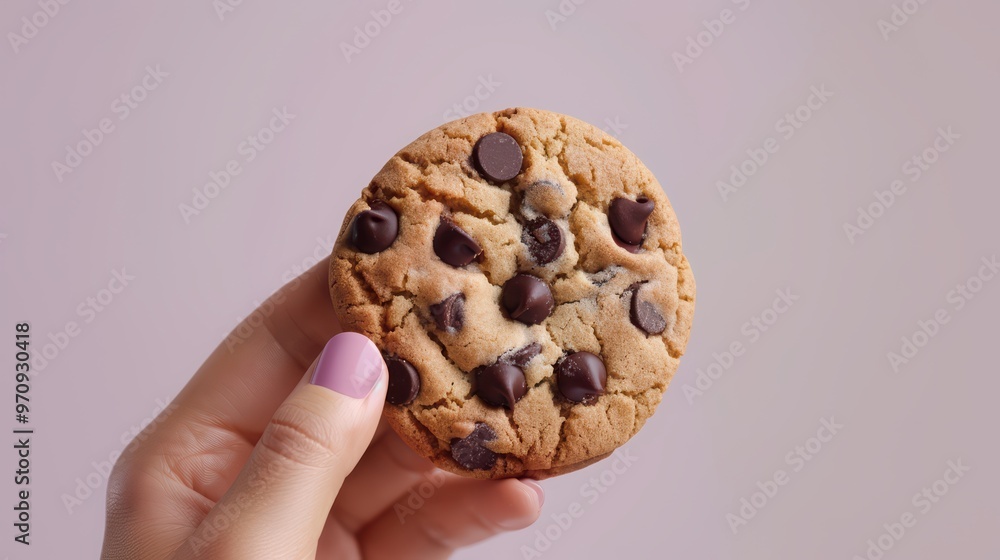 Delicious chocolate chip cookie held in hand, perfect for showcasing sweetness and indulgence in food photography. Delicious chocolate chip cookie held in hand, perfect for showcasing sweetness and indulgence in food photography.