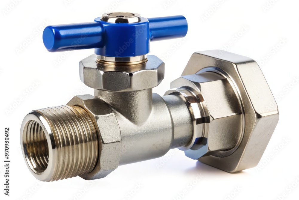 A silver angle valve with a blue handle extends from a sturdy white pipe, its components a harmonious trio of texture and hue. A silver angle valve with a blue handle extends from a sturdy white pipe, its components a harmonious trio of texture and hue.