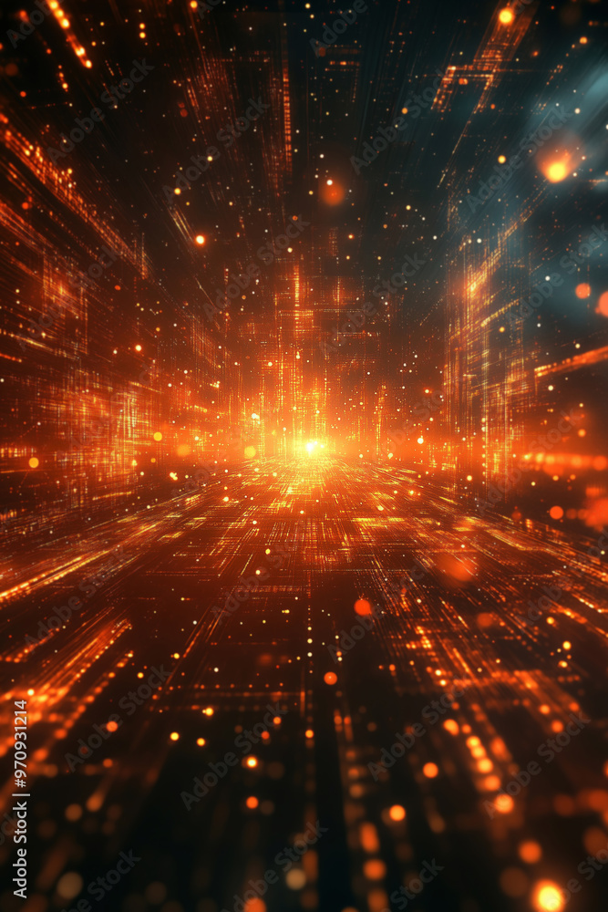 Fototapeta premium Abstract fractal burst Futuristic tunnel digital dark orange background with a glowing light and line of lights. Generative ai