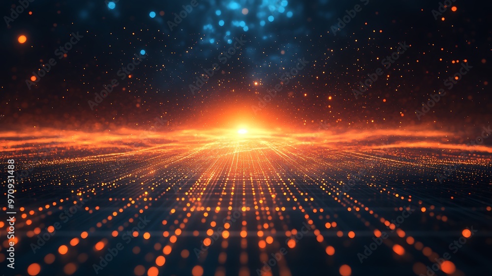 Obraz premium A stunning digital landscape featuring a vibrant sunset, illuminated by glowing particles and deep cosmic colors. Perfect for sci-fi themes.