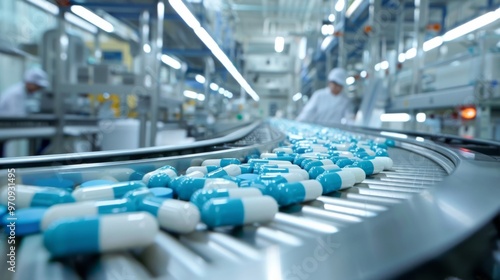 Pills flowing on a production line in a modern pharmaceutical factory. Quality control ensures safety and efficacy of medication.