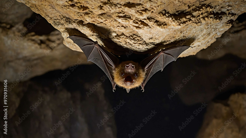 Naklejka premium Bat closeup hanging from a cave ceiling with stalactites overhead