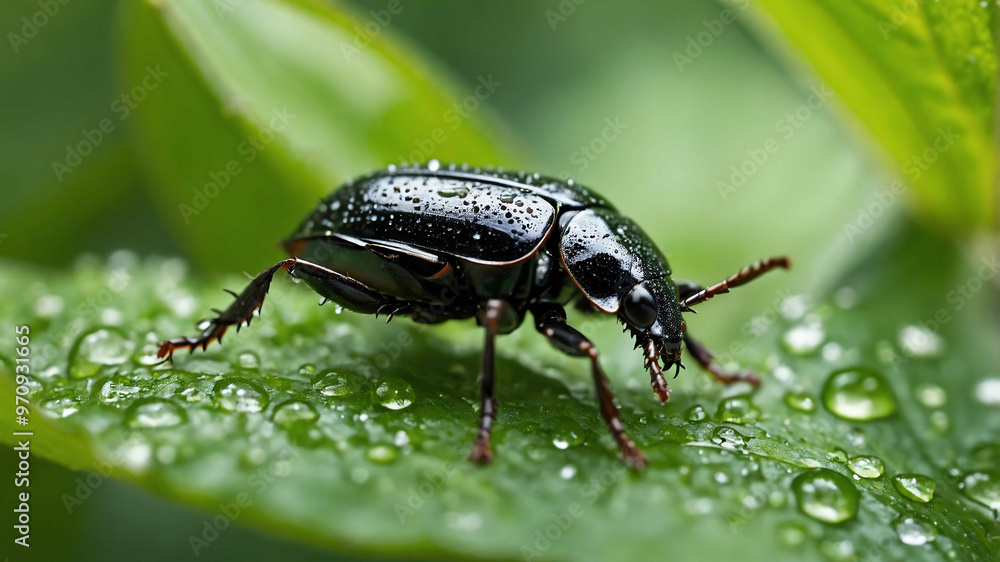 Beetle closeup crawling on a leaf in a dewy morning garden Beetle closeup crawling on a leaf in a dewy morning garden