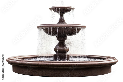 Elegant multi-tiered water fountain with flowing water, perfect for outdoor decoration and landscaping in gardens or parks. photo