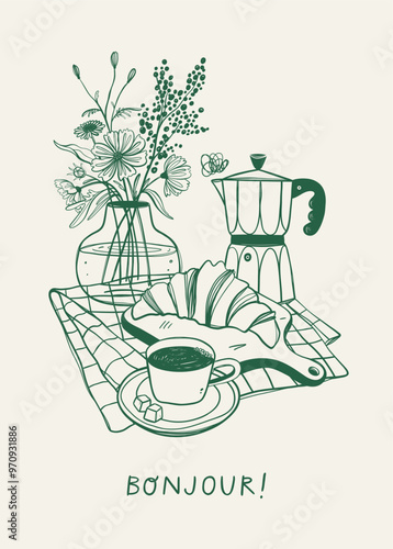 Hand drawn coffee illustration with aesthetic quote. Retro Kitchen wall art. Food Poster template.