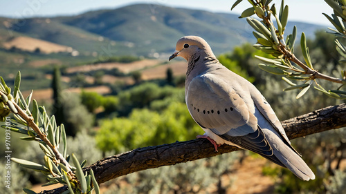 Dove closeup perched on a branch with olive trees and rolling hills in the background