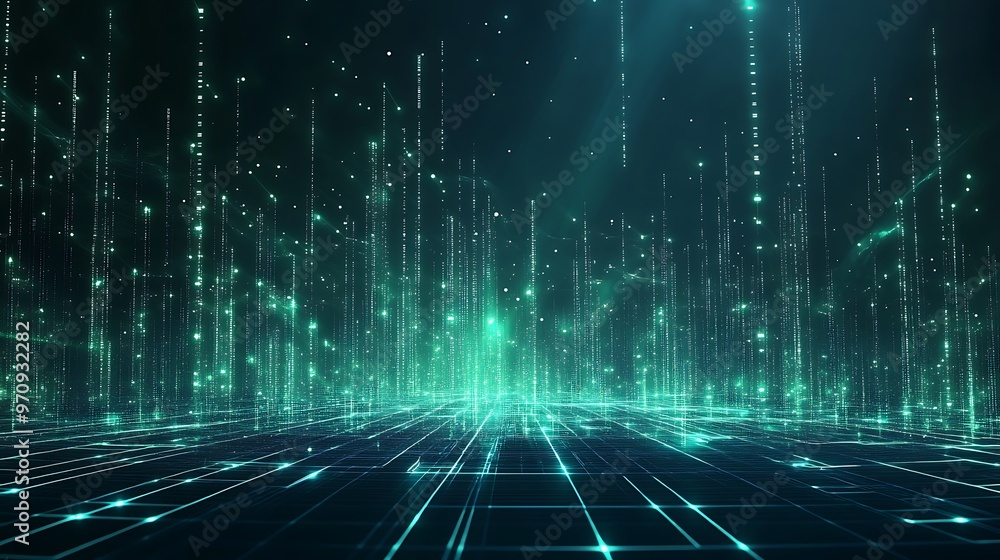 A stunning digital landscape with vibrant green light beams and a futuristic grid, perfect for technology and innovation themes. A stunning digital landscape with vibrant green light beams and a futuristic grid, perfect for technology and innovation themes.