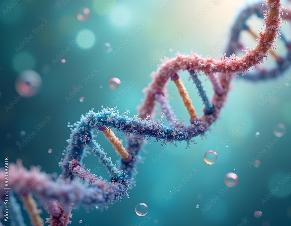 A delicate DNA chain with colorful, flowing ribbons and bubbles, creating a serene background A delicate DNA chain with colorful, flowing ribbons and bubbles, creating a serene background