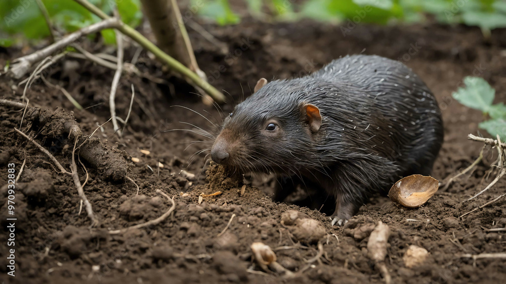 Mole closeup digging through dirt with tree roots overhead Mole closeup digging through dirt with tree roots overhead