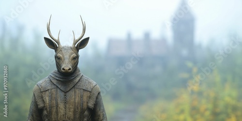 Knight Deer Costume, medieval village backdrop, 3d illustration photo