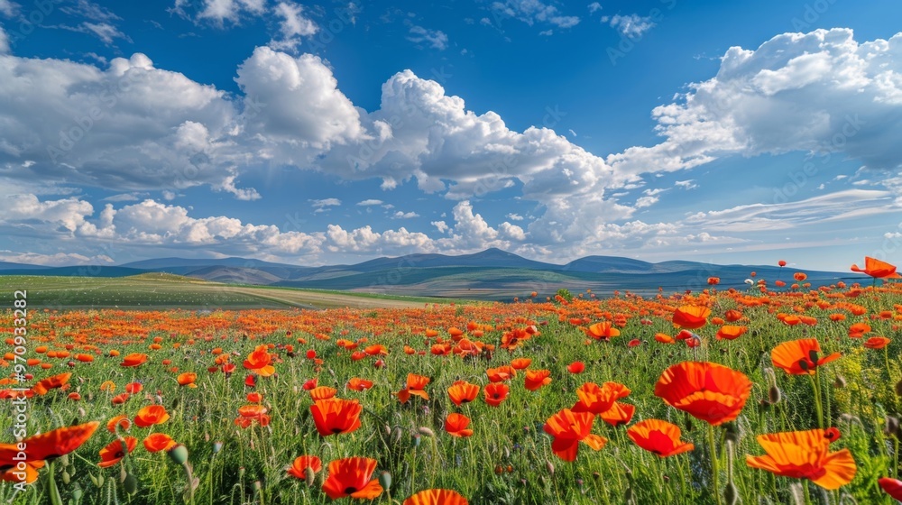 Vibrant orange flowers bloom in a beautiful meadow under a bright blue sky with fluffy clouds. A picturesque landscape of nature. Vibrant orange flowers bloom in a beautiful meadow under a bright blue sky with fluffy clouds. A picturesque landscape of nature.