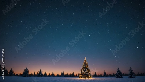 Christmas night sky with snow covered trees, Christmas tree shining in the center photo