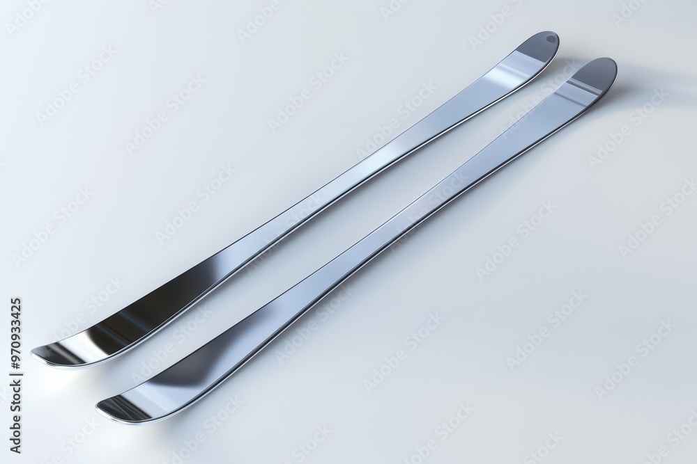 Two sleek, shiny metal skewers lie on a smooth surface, ideal for culinary creations and presentations. Two sleek, shiny metal skewers lie on a smooth surface, ideal for culinary creations and presentations.