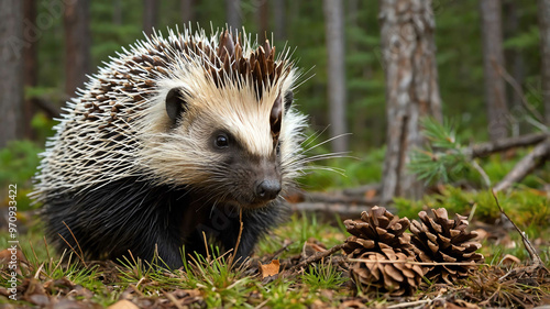 Porcupine closeup sniffing around a forest floor with pine cones scattered photo