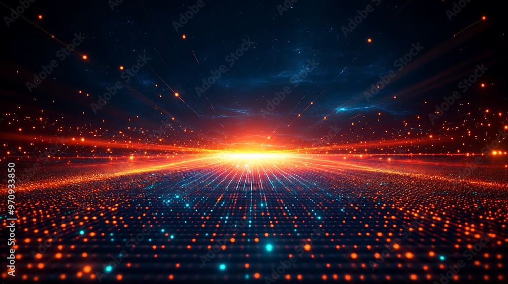Obraz premium A vibrant digital landscape featuring glowing dots and beams of light, creating a futuristic atmosphere for various projects.