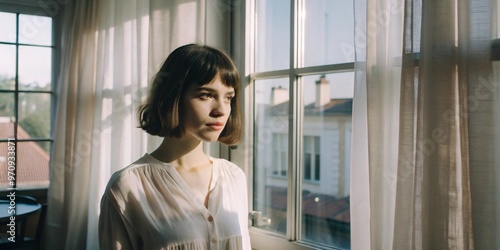 A young woman with a serene expression stands by a sunlit window, bathed in natural light.