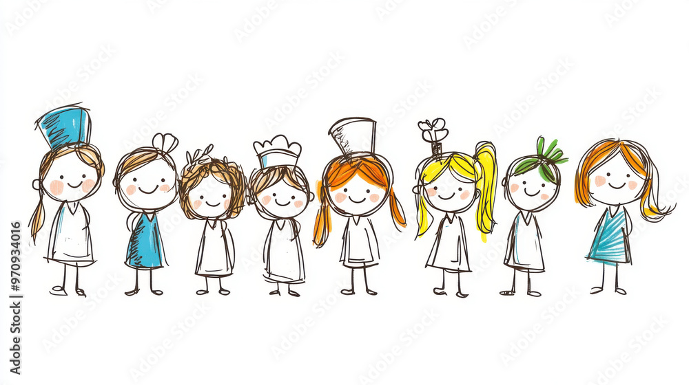 A group of smiling, hand-drawn children wearing various playful outfits, standing in a row with happy expressions and colorful details. A group of smiling, hand-drawn children wearing various playful outfits, standing in a row with happy expressions and colorful details.